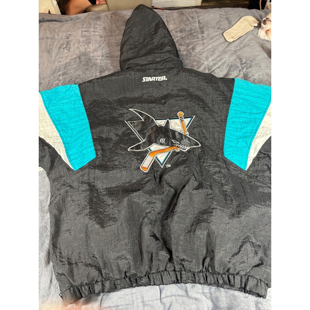Vintage Starter San Jose Sharks NHL Puffy Pullover Jacket Black Teal Mens Large‎ - Picture 7 of 7
